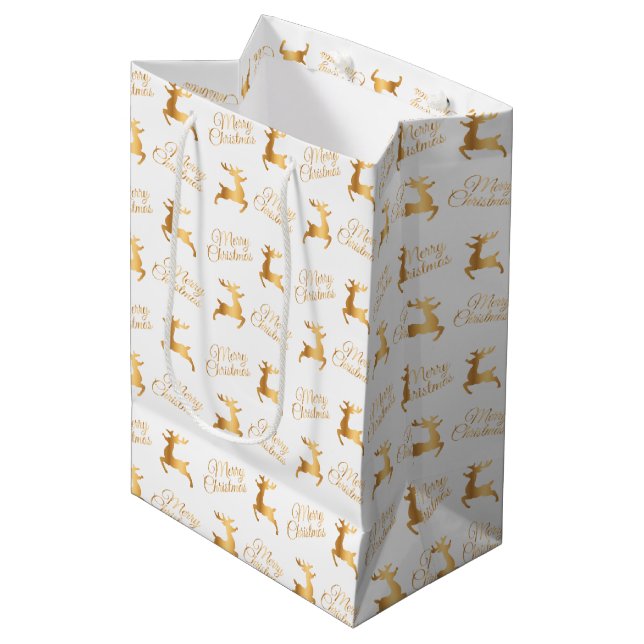 Bolsa De Regalo Mediana White and Gold Christmas Reindeers (Angulo Anverso)