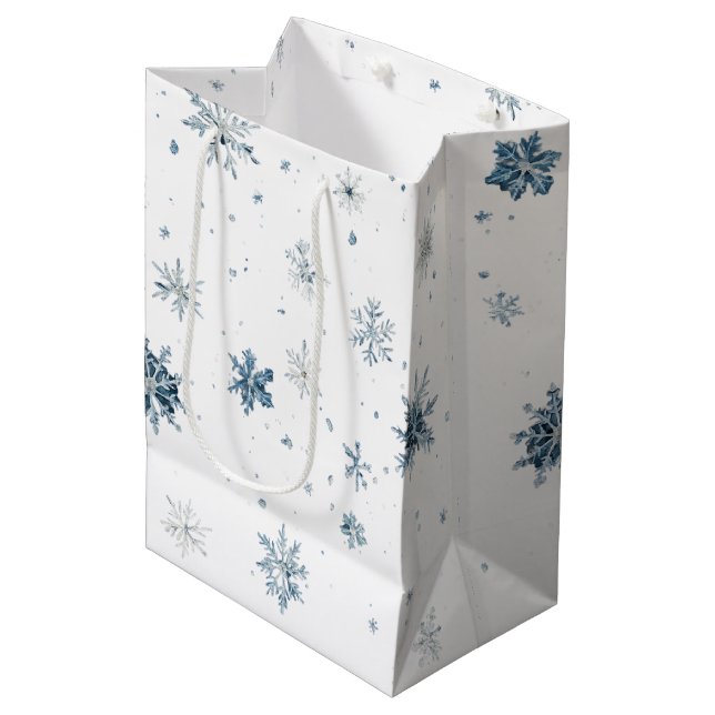 Bolsa De Regalo Mediana White Blue Snowflakes Christmas (Angulo Anverso)