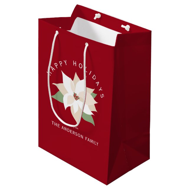 Bolsa De Regalo Mediana White Poinsettia Red Happy Holidays (Angulo Anverso)