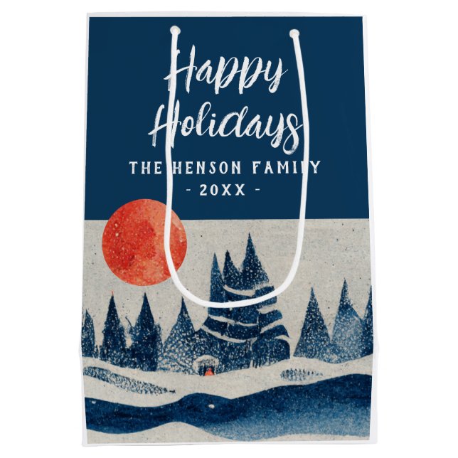 Bolsa De Regalo Mediana Winter Landscape Forest Moon Navy Blue Drawing  (Reverso)
