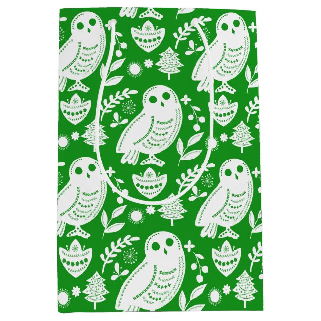 Bolsa De Regalo Mediana Wise Owl Folk Art Green Holiday (Anverso)