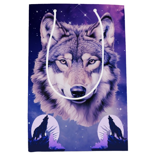 Bolsa De Regalo Mediana Wolf Galaxy Stars Cosmic Birday Party (Anverso)