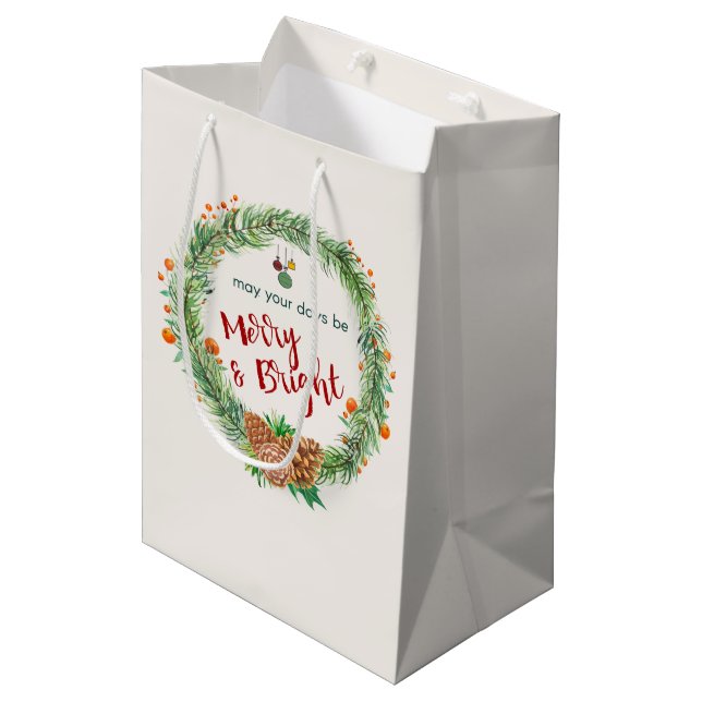 Bolsa De Regalo Mediana Wreath de Navidades merry y brillantes (Angulo Anverso)