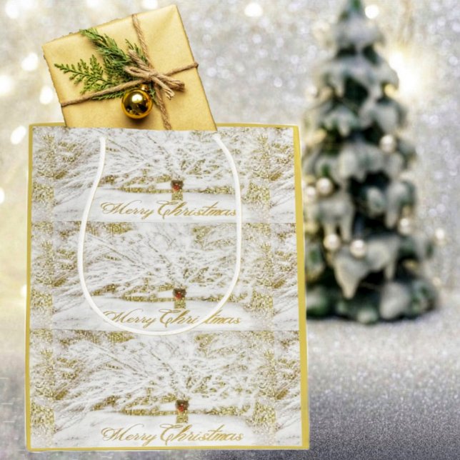 Bolsa De Regalo Mediana Wreath sobre el árbol de nieve (This snowy Christmas scene was created from a digitalized photo, highlighted by a holiday greeting!)