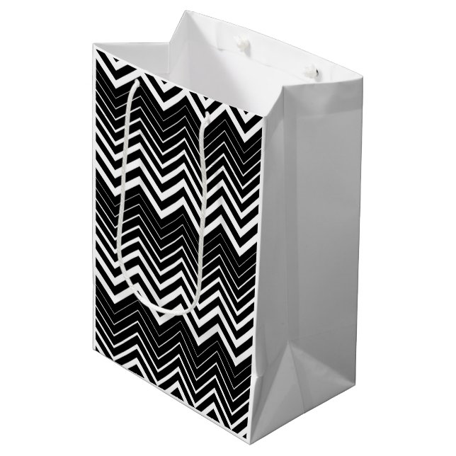 Bolsa De Regalo Mediana Zigzag Chevron Blanco Y Negro (Angulo Anverso)