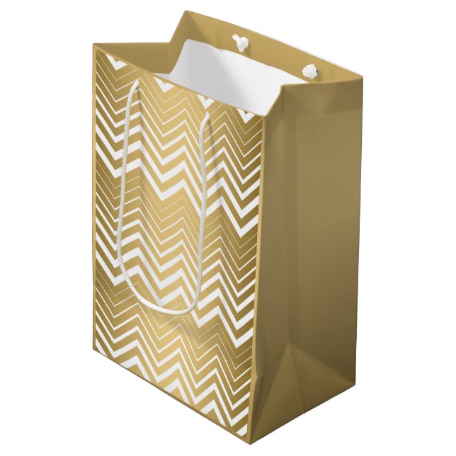 Bolsa De Regalo Mediana Zigzag Chevron De Oro Y Blanco (Angulo Anverso)