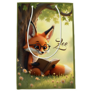 Bolsa De Regalo Mediana Zorro lindo leyendo un libro, personalizado