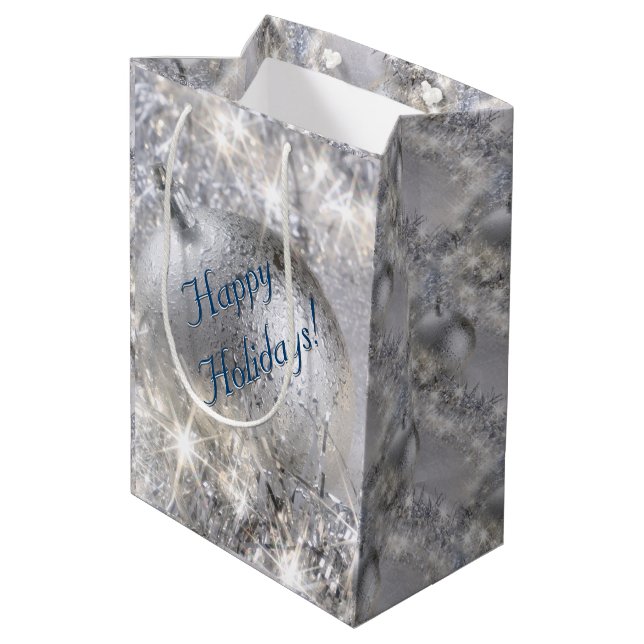Bolsa de regalo navideña plateada mediana (Angulo reverso)
