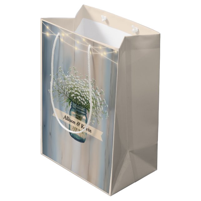 Bolsa de regalo para ducha de boda en granero rúst (Angulo reverso)