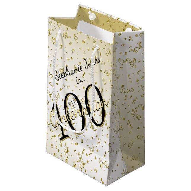 Bolsa De Regalo Pequeña 100 años Centenario Cumpleaños Negro/Oro Textos (Angulo Anverso)