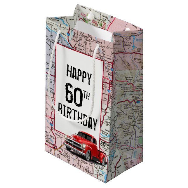 Bolsa De Regalo Pequeña 60.º Camión Retro Rojo de Cumpleaños en Mapa (Angulo Anverso)