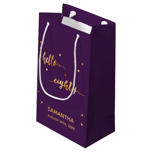 Bolsa De Regalo Pequeña 80 cumpleaños oro morado hola 80 nombre script (Angulo reverso)