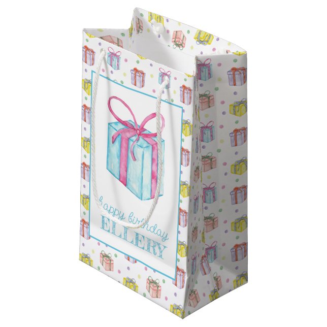 Bolsa De Regalo Pequeña Acuarela Cumpleaños regalo presente personalizado (Angulo Anverso)