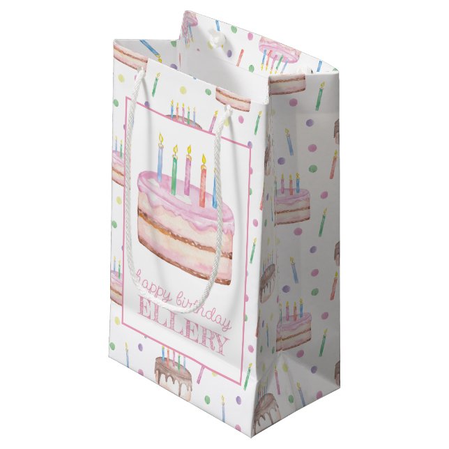 Bolsa De Regalo Pequeña Acuarela Pastel rosa de cumpleaños personalizado (Angulo Anverso)