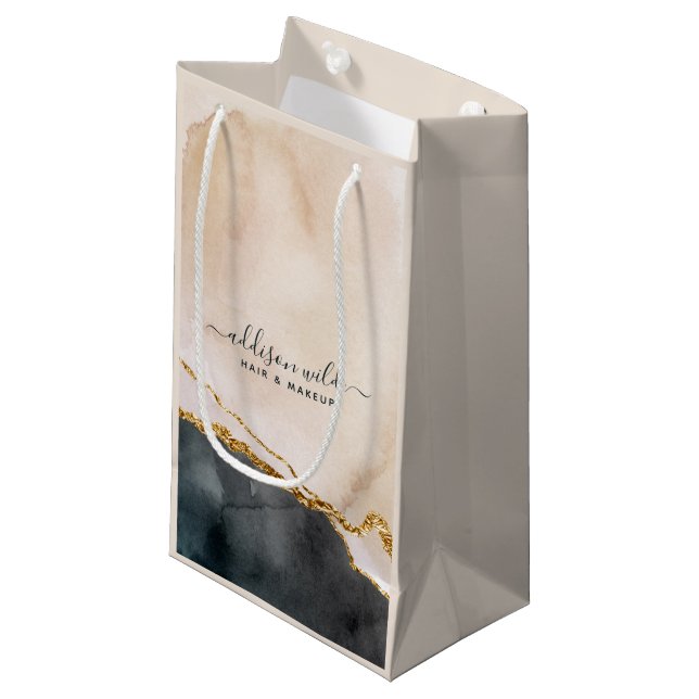 Bolsa De Regalo Pequeña Acuarela Rosada Black Gold Marble Business (Angulo Anverso)