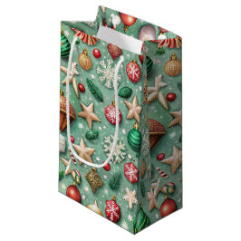 BOLSA DE REGALO PEQUEÑA ADORNOS ROJOS Y VERDES Y ESTRELLAS NAVIDEÑAS DE OR