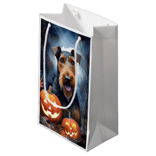 Bolsa De Regalo Pequeña Airedale de Halloween con calabazas aterradoras