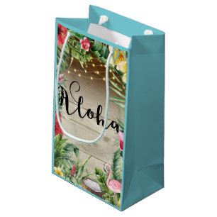 Bolsa De Regalo Pequeña Aloha Madera Tropical Floral Hojas y Luces Luau
