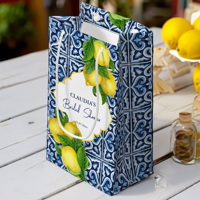 Bolsa De Regalo Pequeña Azulejos azules limón Amalfi Positano ducha de nov (Blue tiles lemon Amalfi Positano bridal shower Small Gift Bag)