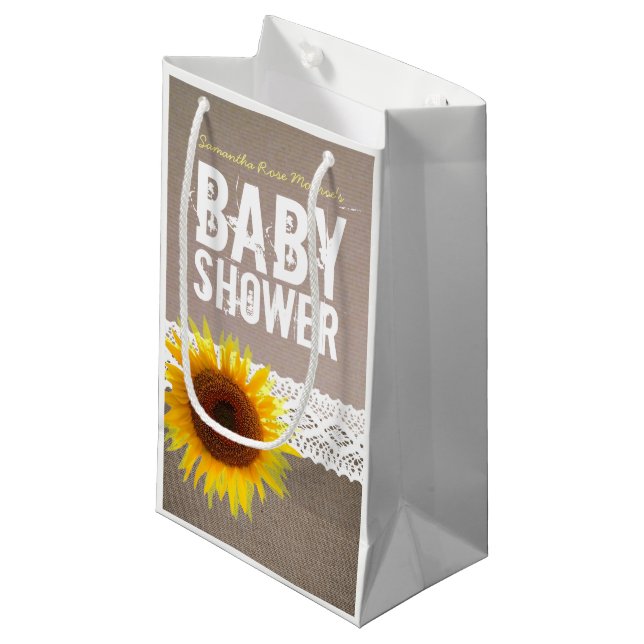 Bolsa De Regalo Pequeña Baby Shower de Sunflower Burlap y Crochet Lace (Angulo Anverso)