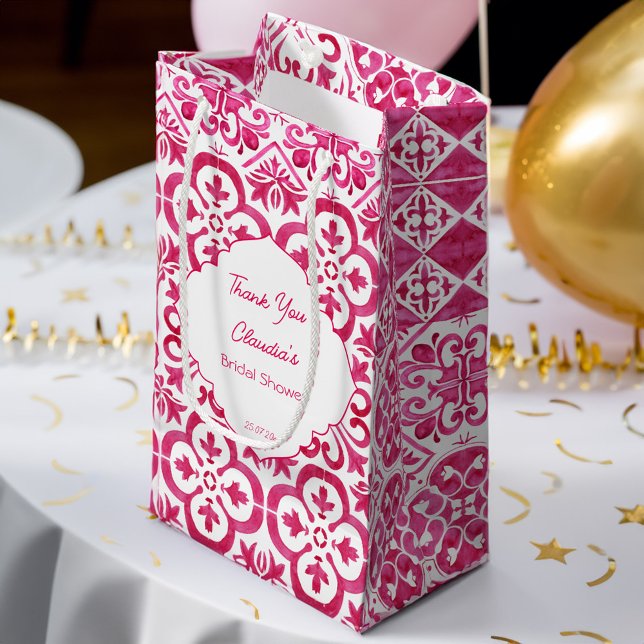 Bolsa De Regalo Pequeña Baldosas mágicas Fuchsia Majolica personalizadas (Fuchsia Majolica magenta tiles personalized Small Gift Bag bridal shower favor bag bridesmaid favor)