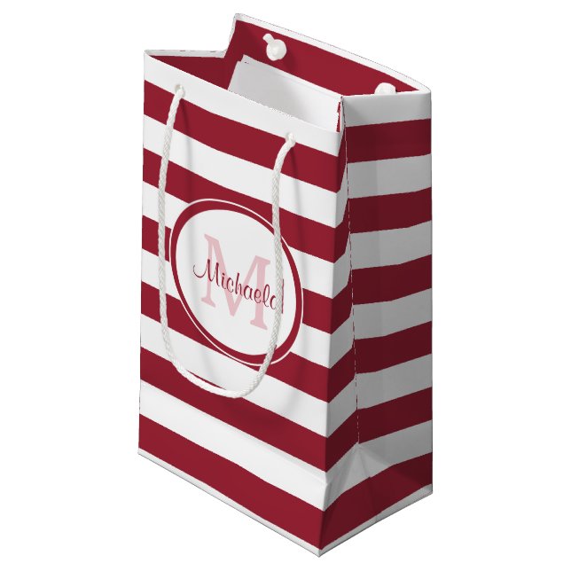 Bolsa De Regalo Pequeña Bandas De Candy Rojo Oscuro Con Monograma De Moda (Angulo Anverso)