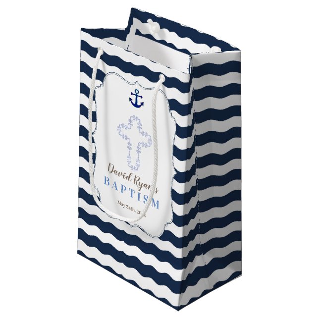 Bolsa De Regalo Pequeña Bautismo de moda Nautical Naval Waves Anchor (Angulo Anverso)