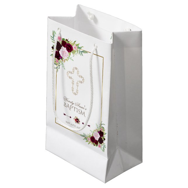 Bolsa De Regalo Pequeña Bautismo floral Royal Burgundy Marsala (Angulo Anverso)