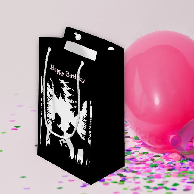 Bolsa De Regalo Pequeña Birthday Fairy Tale Riding Hood Wolf Black White (Red riding hood in woods with flowers talking to wolf on black white Happy Birthday gift bags.)