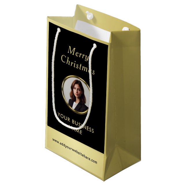 Bolsa De Regalo Pequeña Black & gold design, Logo or Photo in gold circle, (Angulo Anverso)