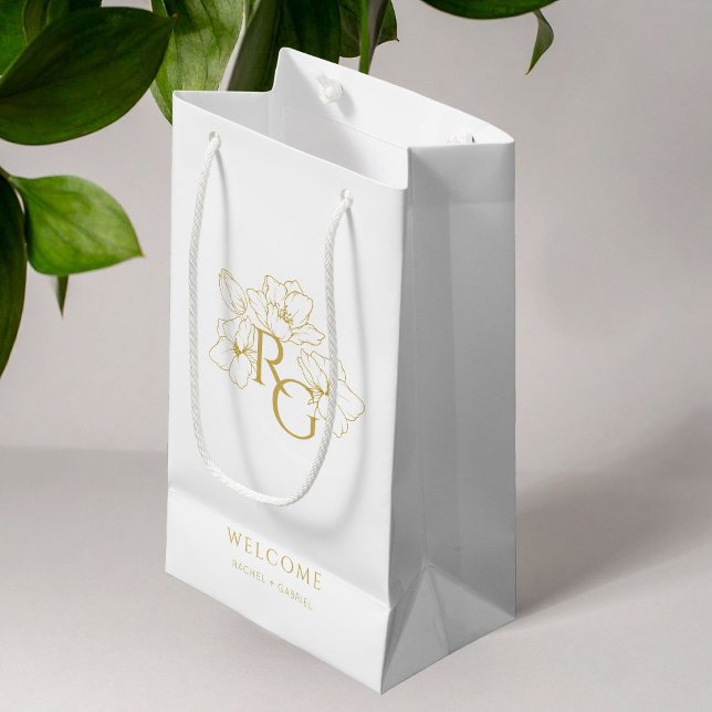 Bolsa De Regalo Pequeña Blanca | Moda Faux Gold Monograma Boda de bienveni (Subido por el creador)