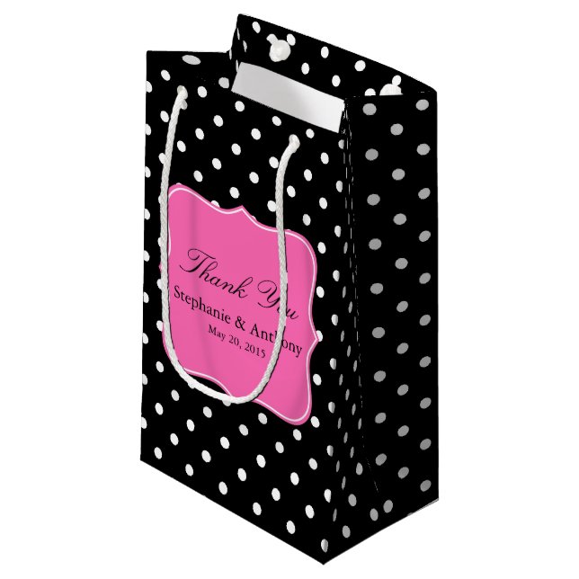 Bolsa De Regalo Pequeña Blanco Negro, Hot Pink Polka Dot Boda Gracias (Angulo Anverso)