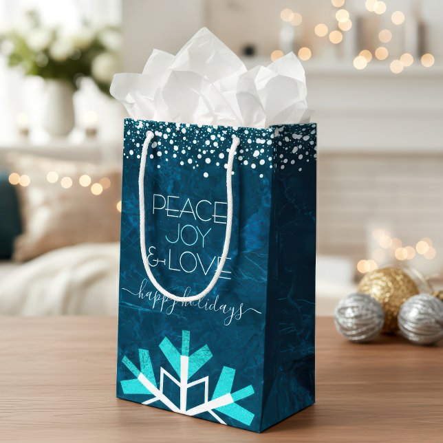Bolsa De Regalo Pequeña Blue Snowflake Peace Joy Love Typography Moderno (Subido por el creador)