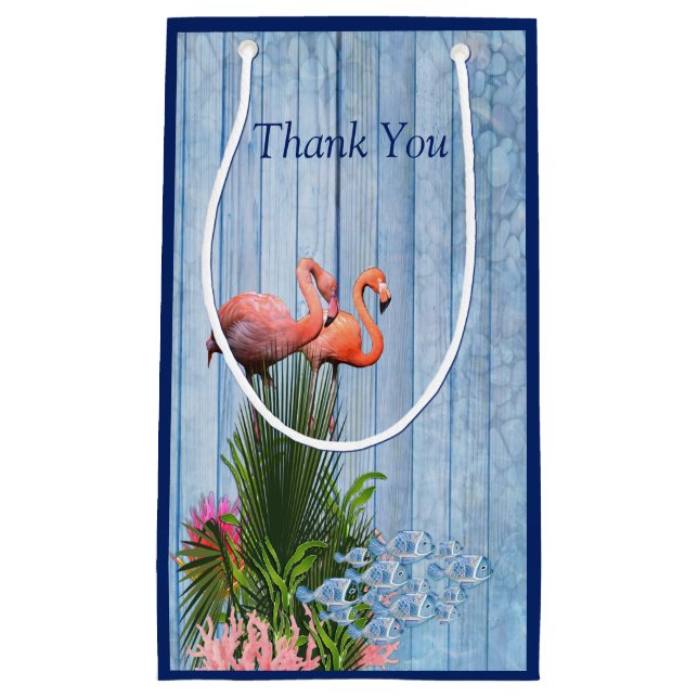 Bolsa De Regalo Pequeña Bocinas de agua azul, flamencos rosados y peces (Anverso)
