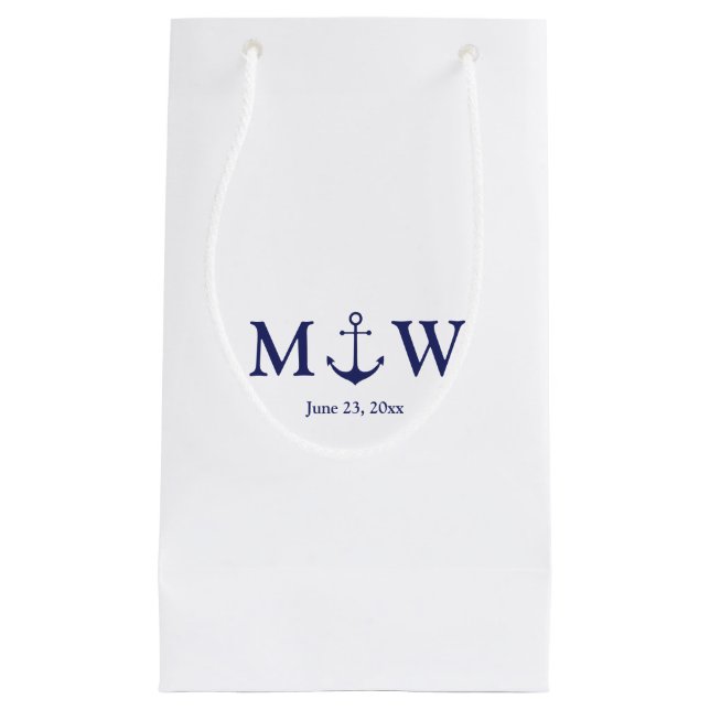 Bolsa De Regalo Pequeña Boda anclaje náutico monograma blanco azul marino (Anverso)