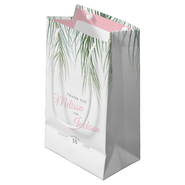 Bolsa De Regalo Pequeña Boda de palma tropical gracias blanco rosa oscuro (Angulo Anverso)