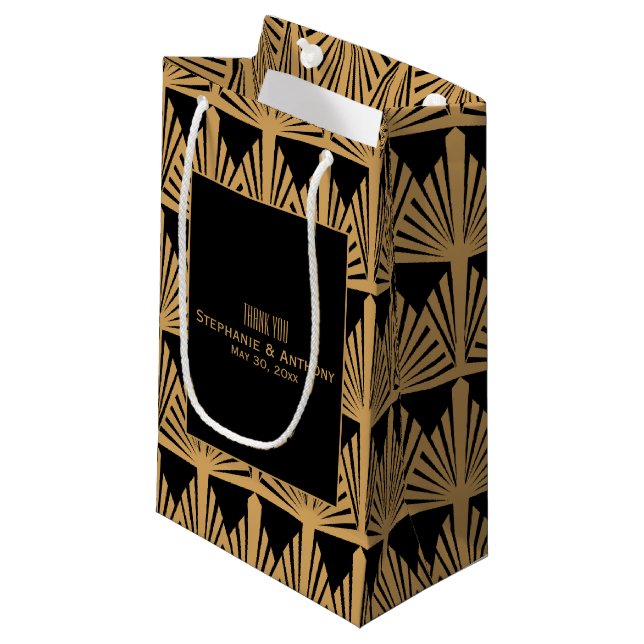 Bolsa De Regalo Pequeña Boda del patrón oro y negro Art Deco gracias (Angulo Anverso)