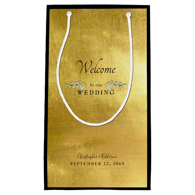 Bolsa De Regalo Pequeña Boda Favor Glam Metálico Oro y Personalizado Negro (Anverso)