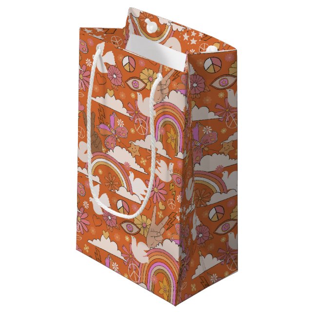 Bolsa De Regalo Pequeña Bohemian, Naranja retro hippie de paz de Groovy 70 (Angulo Anverso)