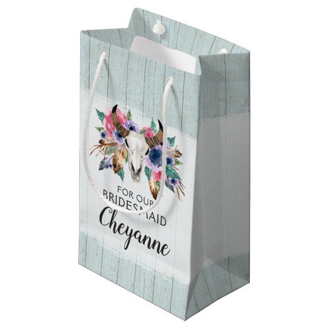Bolsa De Regalo Pequeña Boho Bridesmaid Regalo Floral Cow Skull Favor Bag (Angulo Anverso)