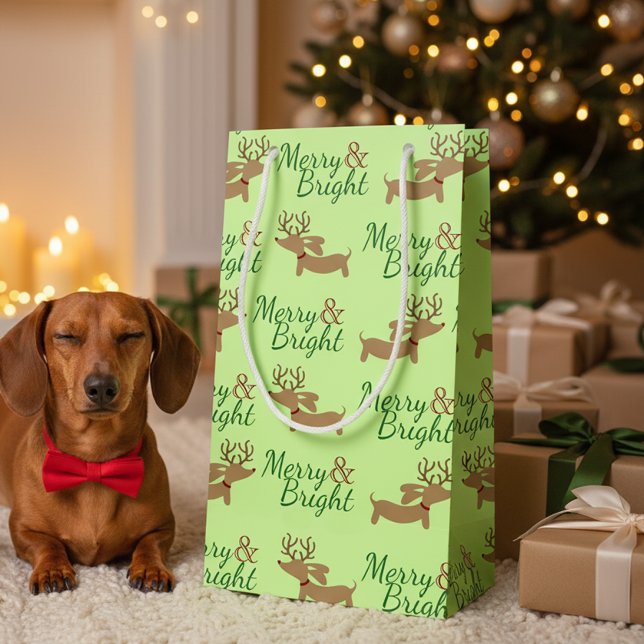 Bolsa De Regalo Pequeña Bolso del regalo del navidad del perro de la (Dachshund Christmas Merry & Bright Reindeer dachshunds dancing about)