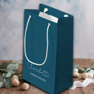 Bolsa De Regalo Pequeña Bridesmaid   Azul canoa con guión Minimalista