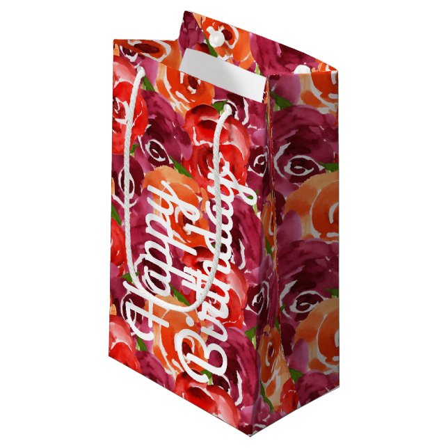 Bolsa De Regalo Pequeña Brillante acuarela Floral Feliz cumpleaños (Angulo Anverso)