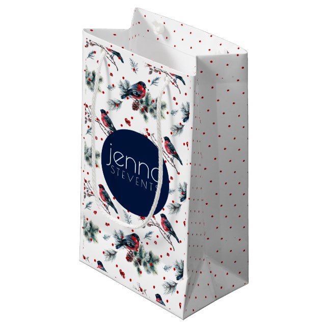 Bolsa De Regalo Pequeña Bull-finch y Navidades Patrón Berries (Angulo Anverso)