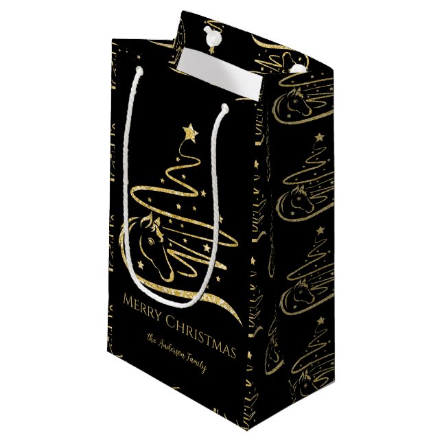 Bolsa De Regalo Pequeña Caballo de Navidad purpurina de oro Ecuestre (Angulo Anverso)