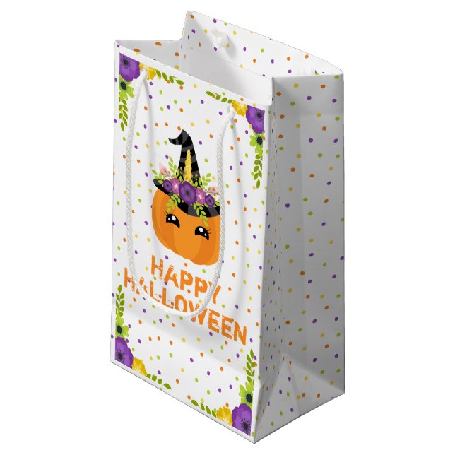 Bolsa De Regalo Pequeña Calabaza floral unicornio Feliz Halloween Blanco (Angulo Anverso)
