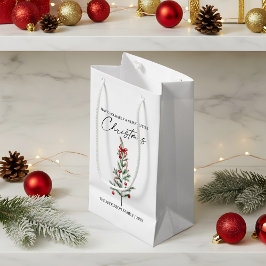 Bolsa De Regalo Pequeña Caligrafía Acuarela Árbol de Navidad Lazo Rojo