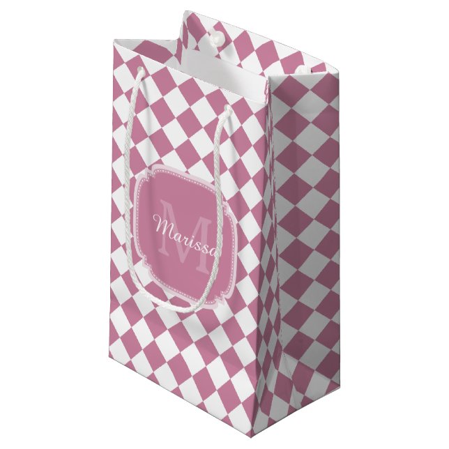 Bolsa De Regalo Pequeña Chic rosa y blanco cuadros monograma nombre (Angulo Anverso)