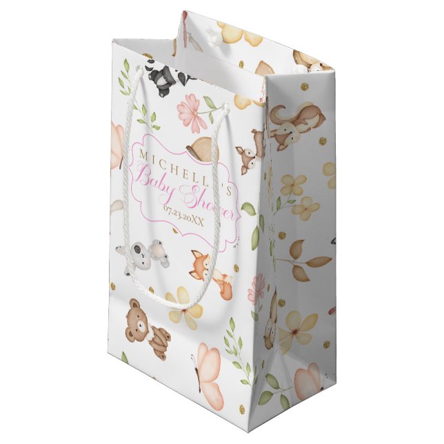 Bolsa De Regalo Pequeña Chica marrón rosado acuarela Woodland Animales (Angulo Anverso)
