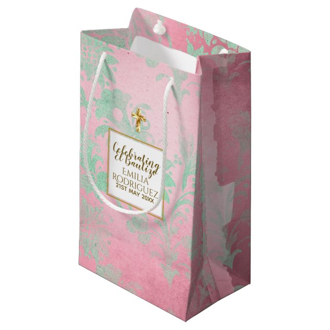 Bolsa De Regalo Pequeña Chicas Bautizo Mint Pink Green Damask Gold Cross (Angulo Anverso)